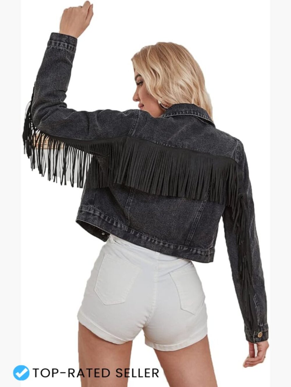 Cropped Denim Jacket Distressed Fringe Long Sleeve Classic Chic Y2K Cute - Picture 1 of 7
